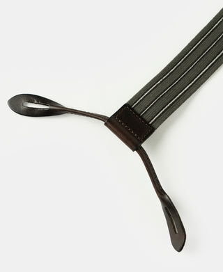 Brown leather suspender button-on connector with metal spring clip and loop