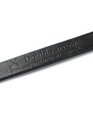 Brown leather belt strap with embossed branding text