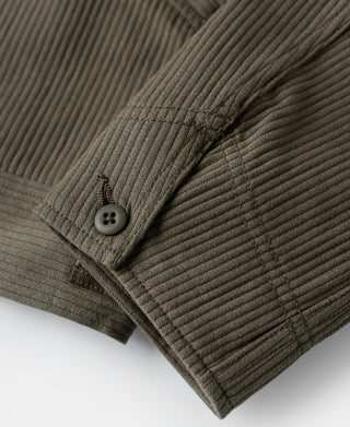 Dark olive striped jacket cuff with button closure