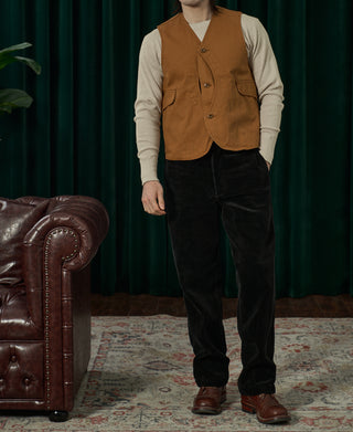 Ginger-brown canvas waistcoat vest with V-neck and button front, chest patch pockets