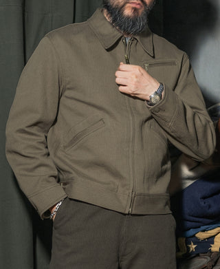 Light coffee cotton cossack jacket with zip front, stand collar, and chest pockets