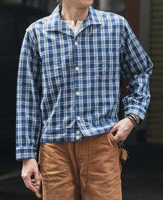 Blue plaid camp-collar shirt jacket with button placket and long sleeves