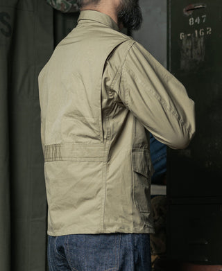 Khaki summer flight jacket with zip front, stand collar, and large side pockets