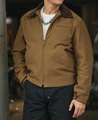 Brown moleskin Cossack jacket with stand collar and zip front