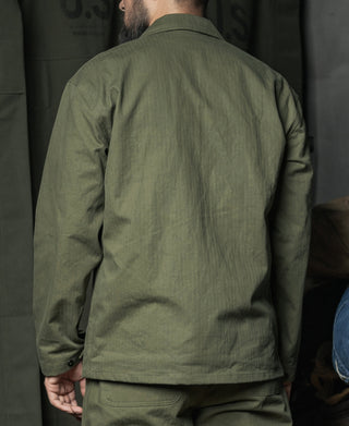 Olive USN N-3 utility jacket back view with stand collar and button cuffs