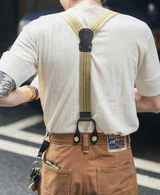 Khaki striped suspenders in back view with black leather Y-connector