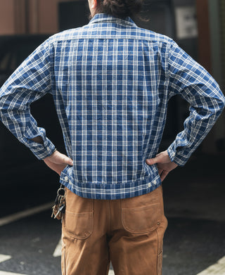 Blue plaid shirt jacket back with yoke seams, styled with tan pants