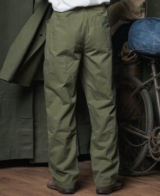 Olive utility pants with button fly, belt loops, and front patch pockets