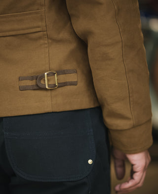 Brown Cossack jacket side pocket with flap and button, plus cuff tab detail